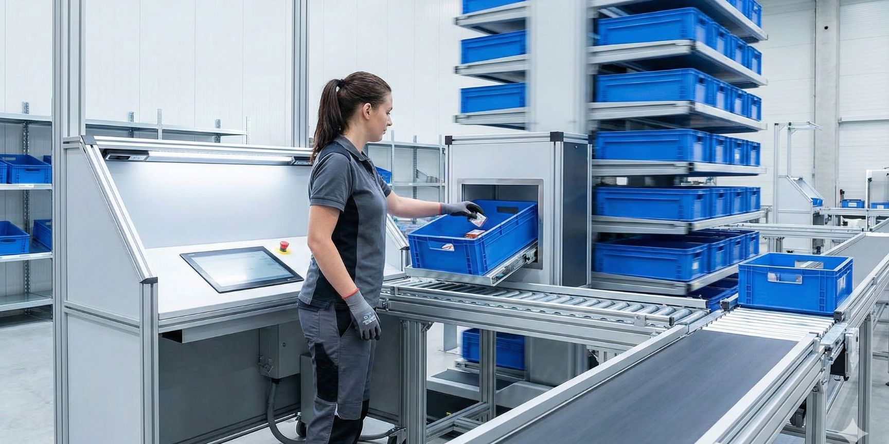 An employee at an ergonomic goods-to-person workstation in an automated small parts warehouse performing pick-by-piece picking from a blue container.